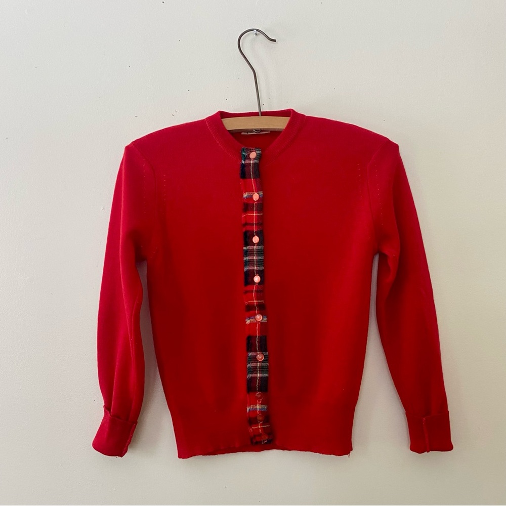 Vintage New Brunswick Tartan Red Cardigan Wool Sweater Plaid 60s XXS XS 1960s